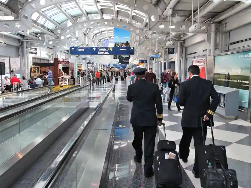 Pilots walk to gate at Chicago O'Hare International Airport in USA